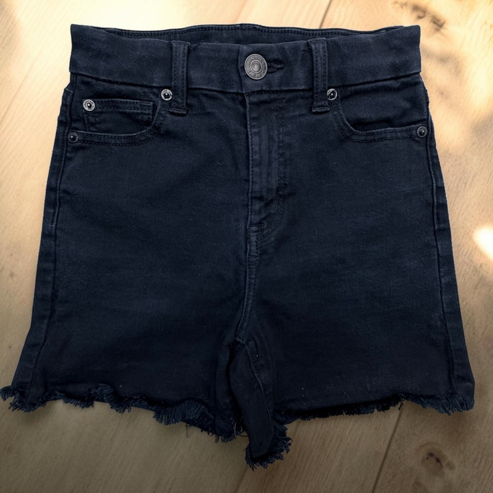 American Eagle Hi Rise Peek A Boo Shorts Womens Sz 0 Black Cotton Denim Raw Hem